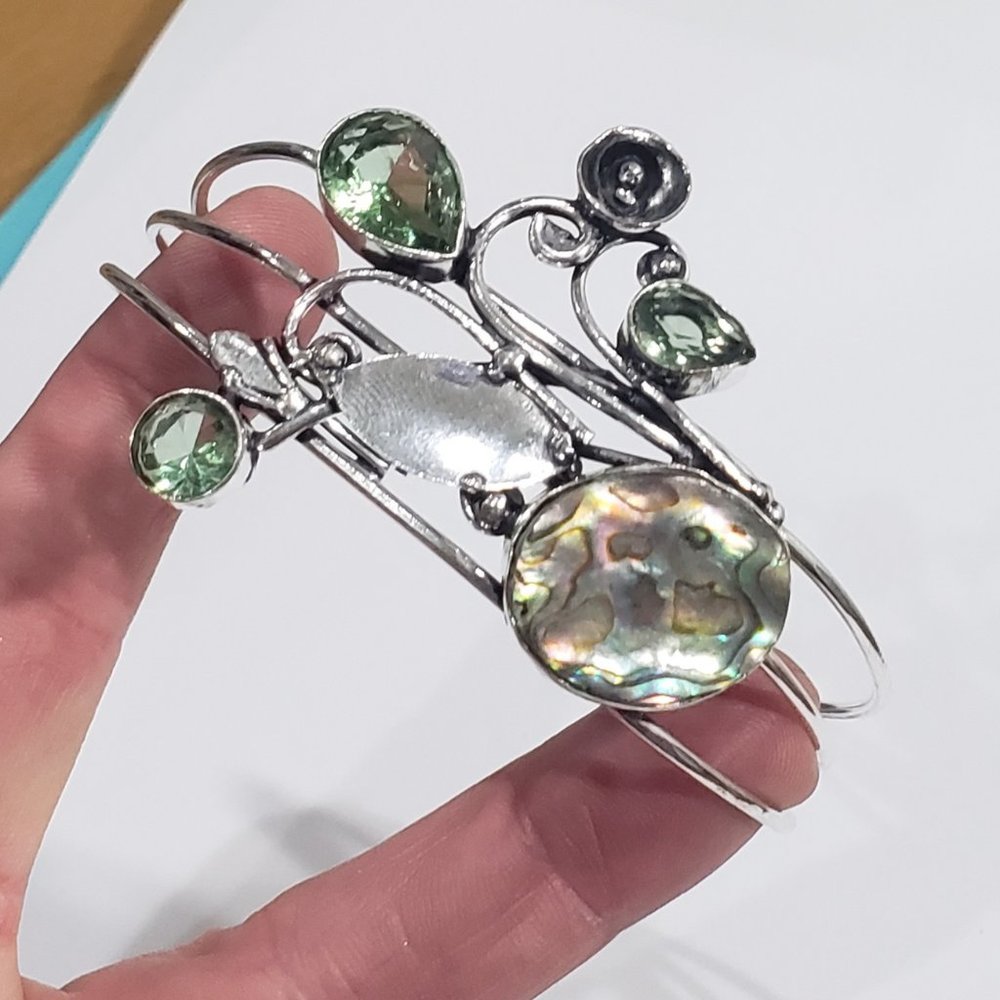 Peridot bracelet, 925 silver abalone shell peridot adjustable bangle bracelet
